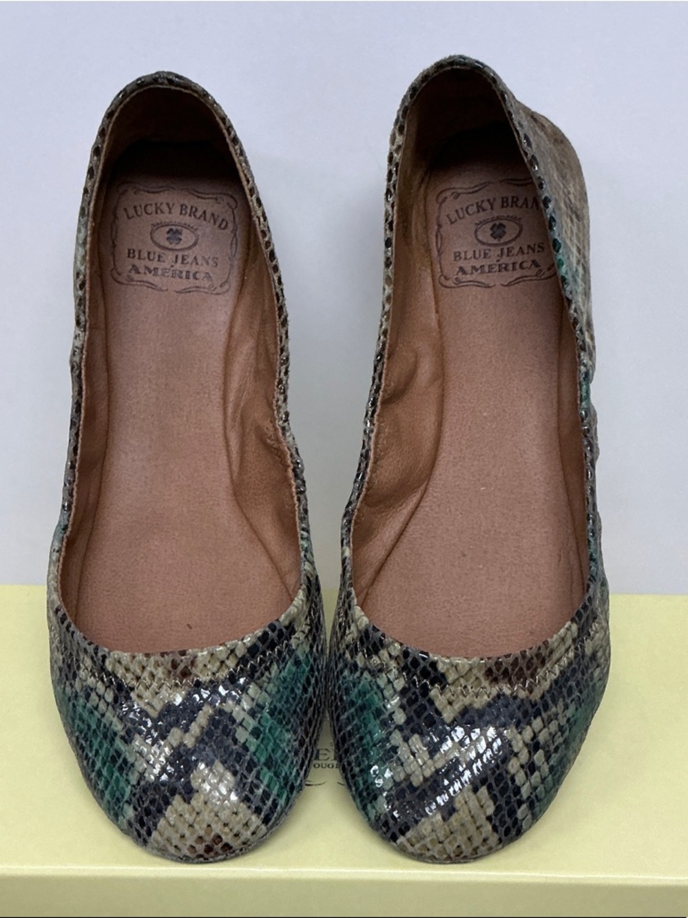 Lucky Brand Snake-Print Ballet Flats in Green and Tan